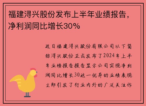 福建浔兴股份发布上半年业绩报告，净利润同比增长30%